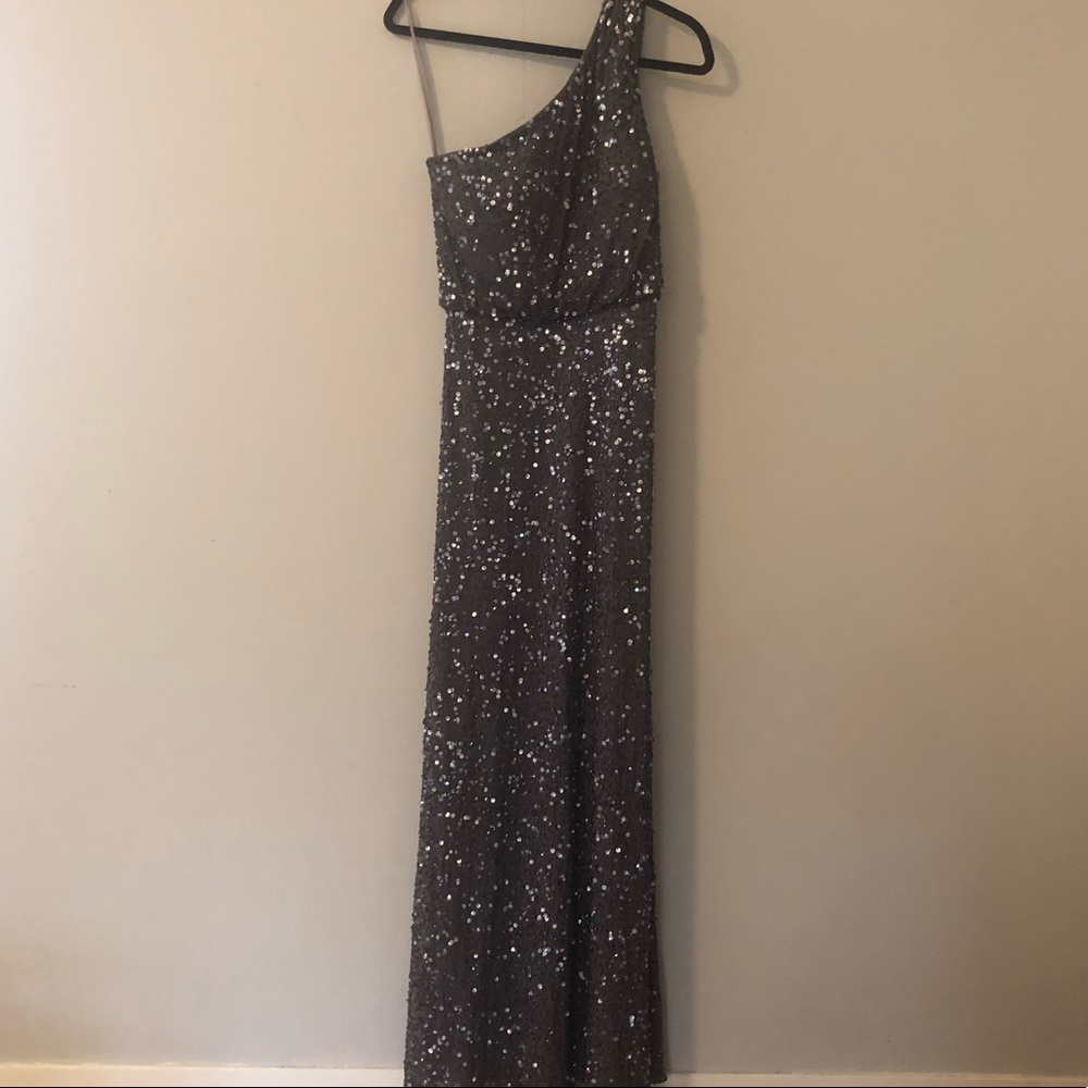 Aidan Mattox One Shoulder, Grey, Sequenced Gown